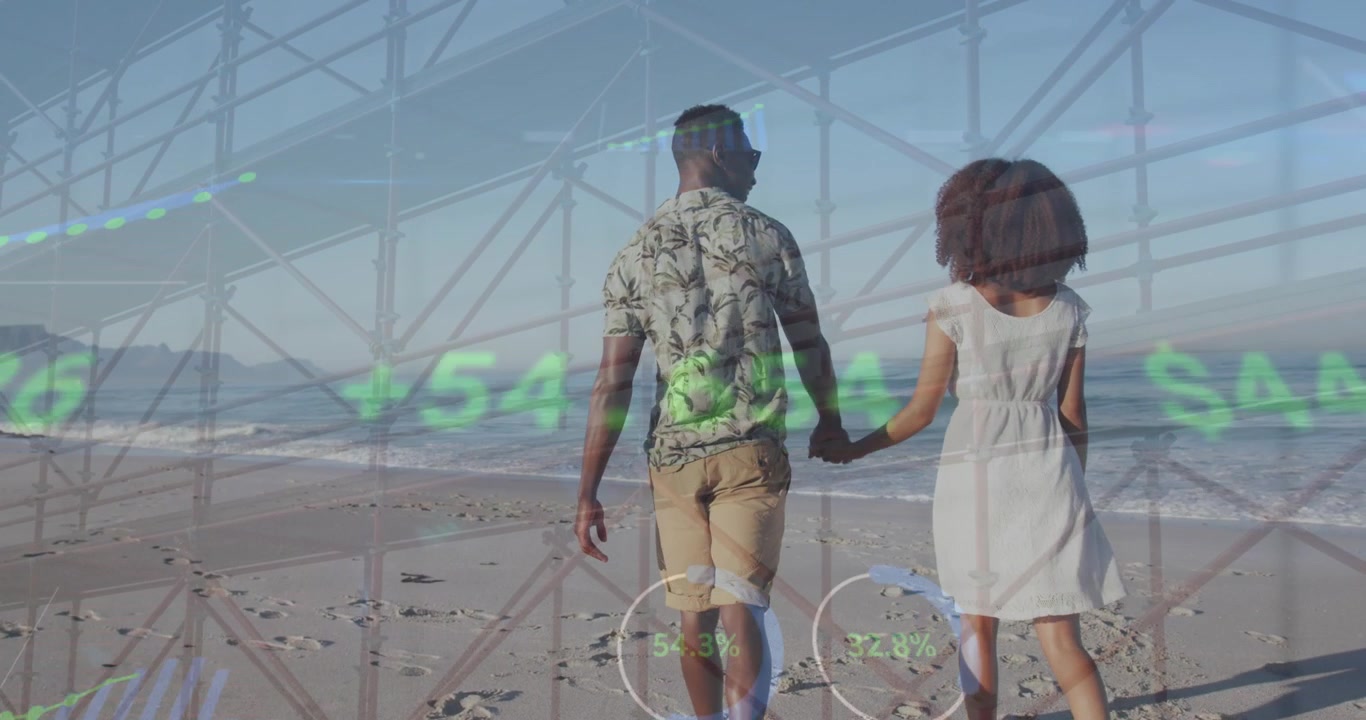 Animation of hud interface, low angle view of bridge, african american couple walking at beach