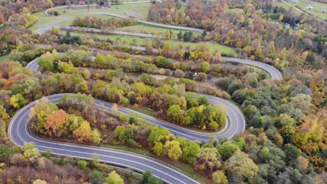 retorcido, sinuoso camino de tránsito moderno a través de árboles de otoño con hojas doradas
