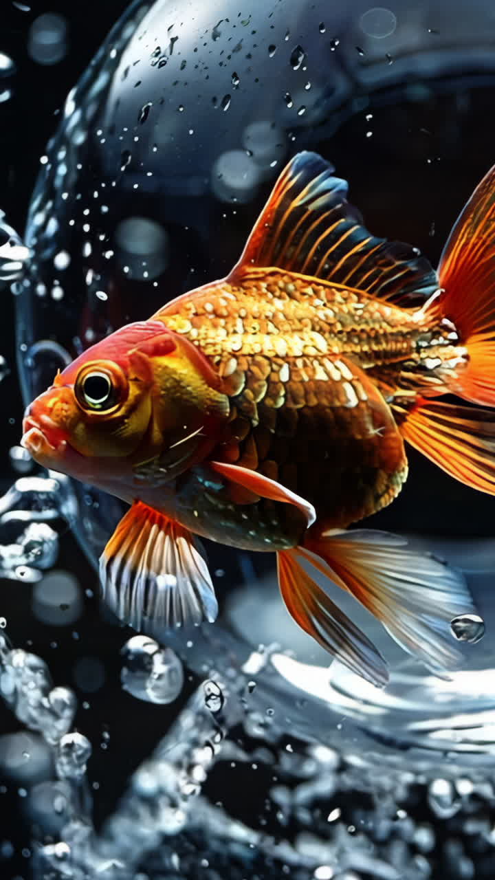 Due pesci rossi in una ciotola di vetro trasparente con acqua che schizza fuori. La ciotola è circondata da goccioline d'acqua, creando un senso di movimento e vita.