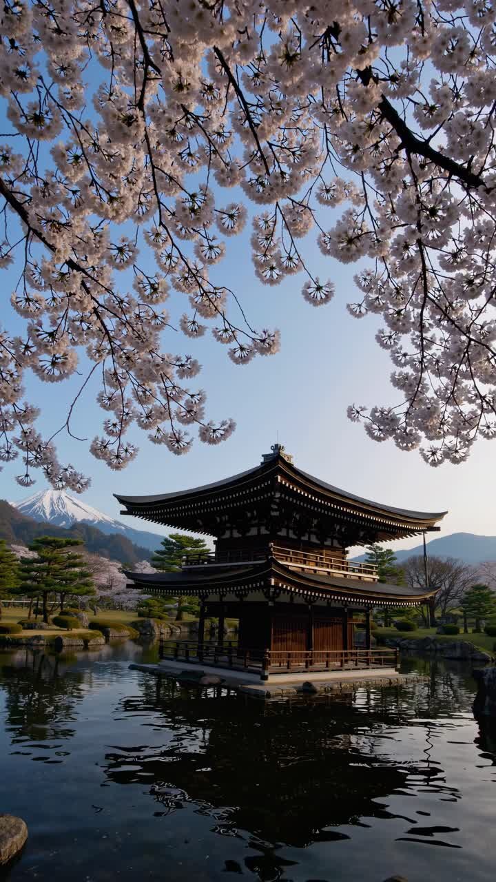 Una serena scena video cattura una pagoda tradizionale giapponese da un angolo basso, incorniciata da fiori di ciliegio