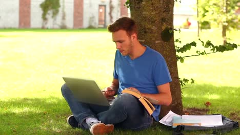 estudiante guapo estudiando afuera