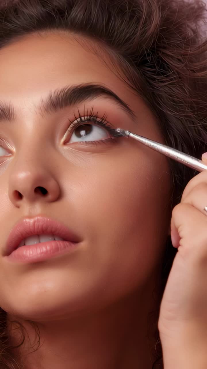 Vertical video: Tilting head, model creating cat-eye in studio holding angled brush and ring