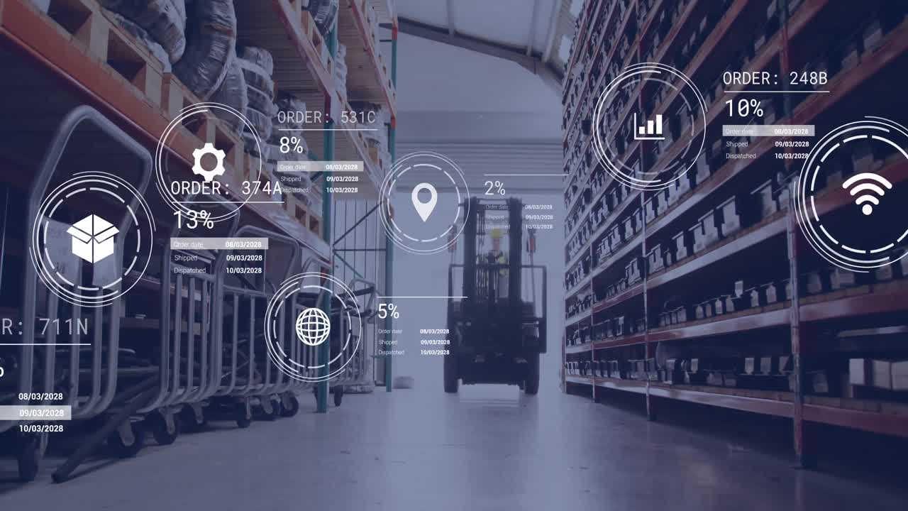 animación de iconos con procesamiento de datos sobre el camión elevador en el almacén