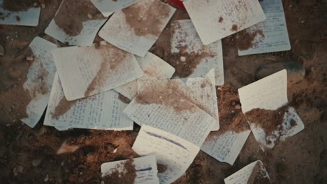 scattered torn out pages from diary lying half-buried in dirt