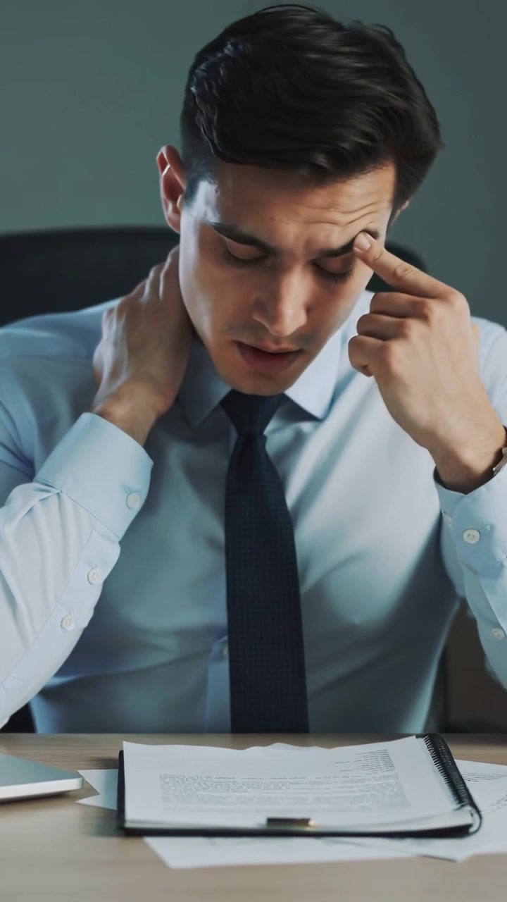 Video verticale: Uomo in camicia blu e cravatta legge appunti, si strofina il collo mentre studia alla scrivania.