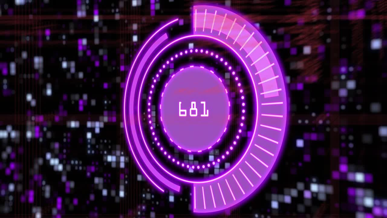 Latar belakang gelap dengan kode berkedip menginisiasi HUD ungu yang berputar dan memperbarui pembacaan untuk aliran data