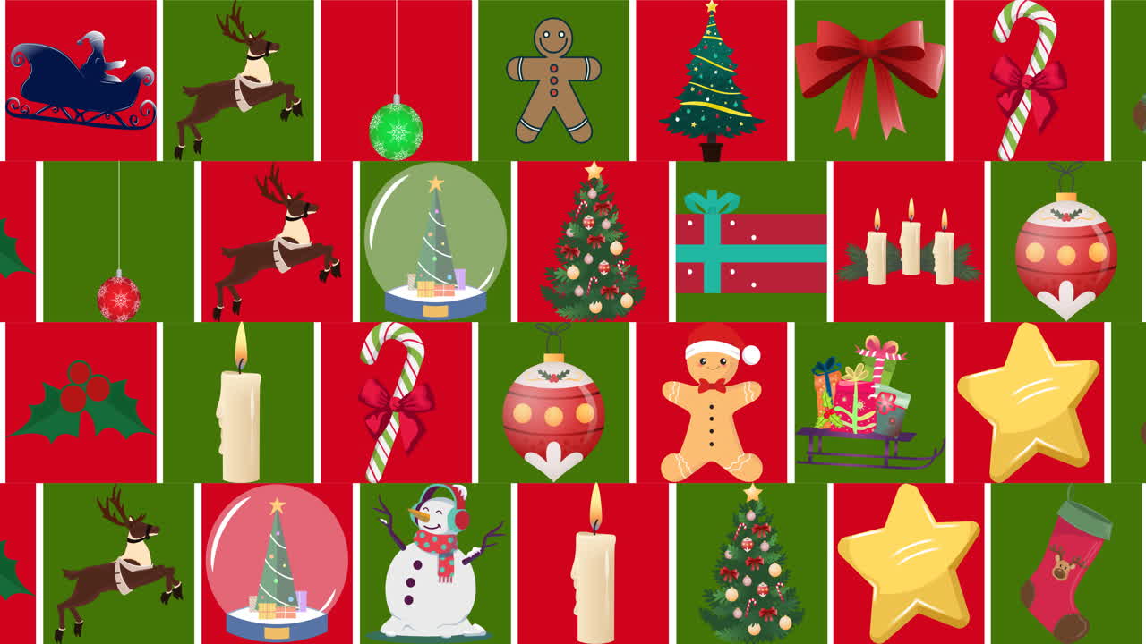 Animación de cuadrados verdes y rojos en movimiento con elementos navideños.