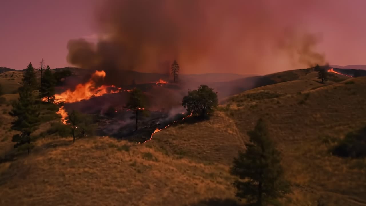 Aerial View of Wildfire Devastation: Flames Spread Across the Hills, Creating a Dramatic and Alarming Scene of Destruction and Smoke Against the Twilight Sky