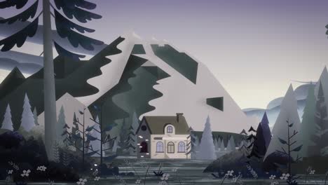 faded gray brick house with ceramic tiles in a monochrome coniferous forest. drowning cliff behind the house covers a cloudy sky.