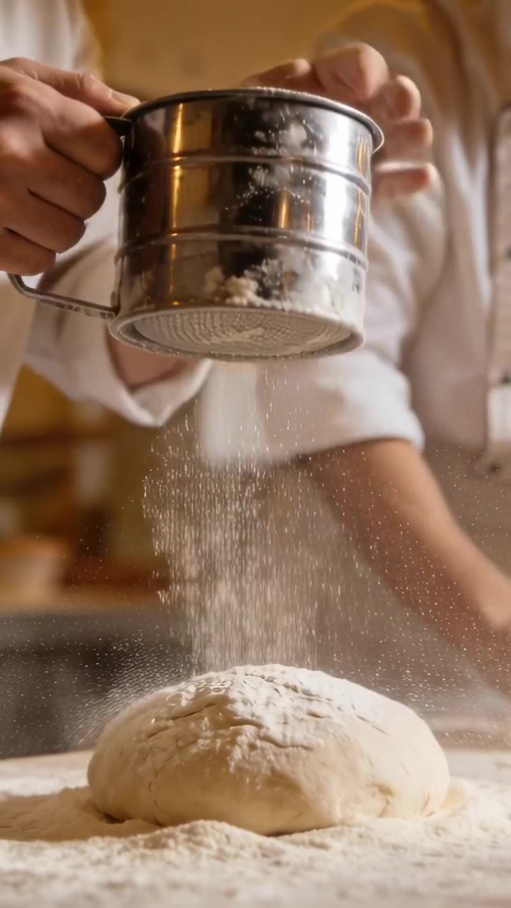 Vertical video: Tapping baker in chef coat guiding sifter over bench, dusting dough for baking