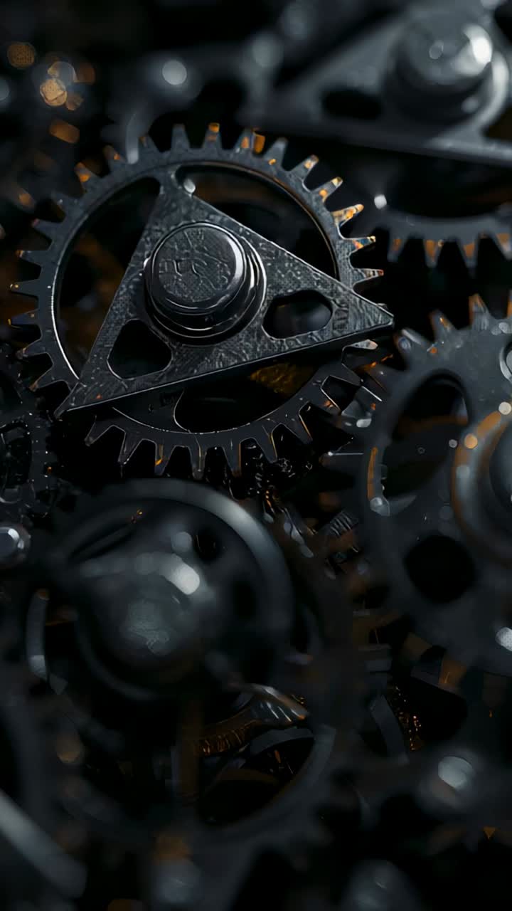 Vertical video: Rotating triangular cap, amber light rising from right revealing gears in gearset