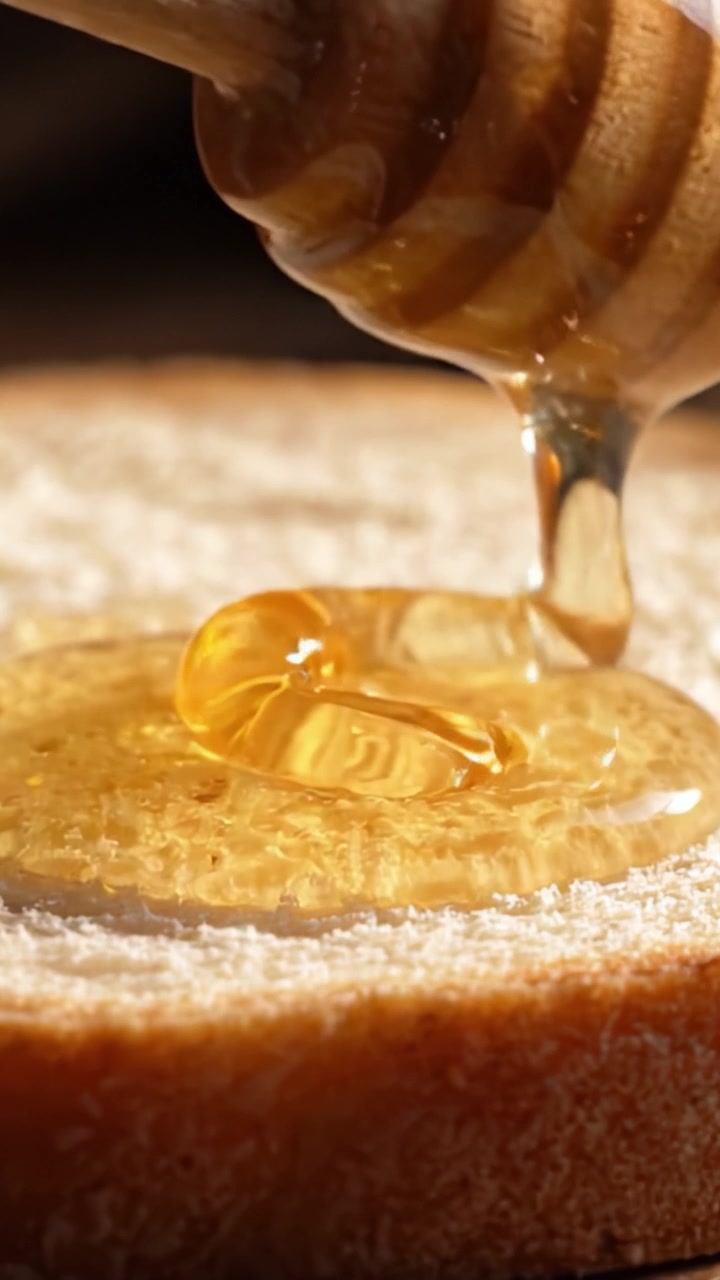 Descubra a doçura dourada: Uma jornada hipnotizante de mel escorrendo sobre pão torrado na hora com um aroma rico e tostado e um deleite textural.
