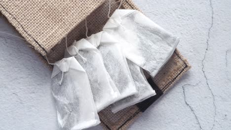 tea bags in burlap bag