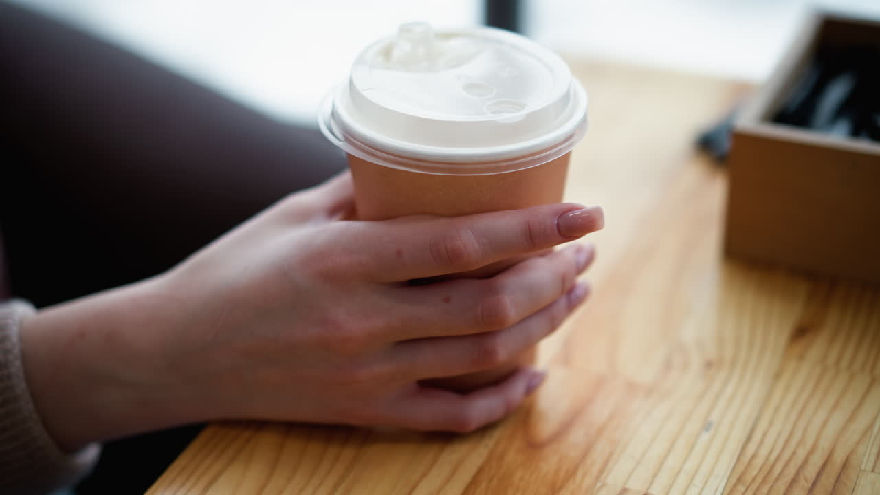 vista lateral de una mujer con uñas bien pulidas tocando una taza de café en una mesa de madera brillante con un fondo borroso con una caja de madera, creando una escena acogedora y elegante
