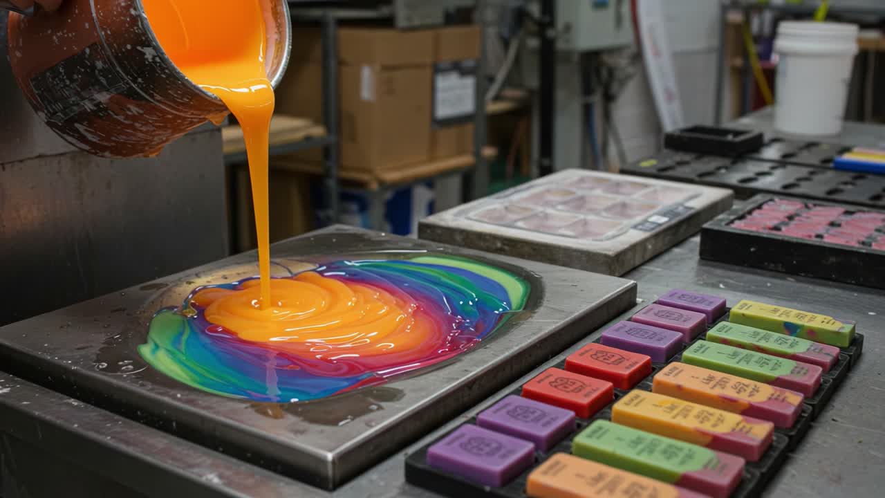 Vibrant Color Mixing Process Captured: Dynamic Pouring of Bright Paints into Circular Patterns on a Work Surface for Brilliant Art Creations