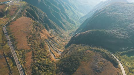 mountain tropical rainforest road aerial view, serra do rio do rastro, santa catarina at sunrise