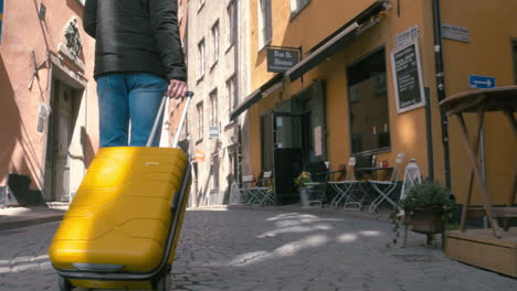 back view of a traveling man walking with suitcase