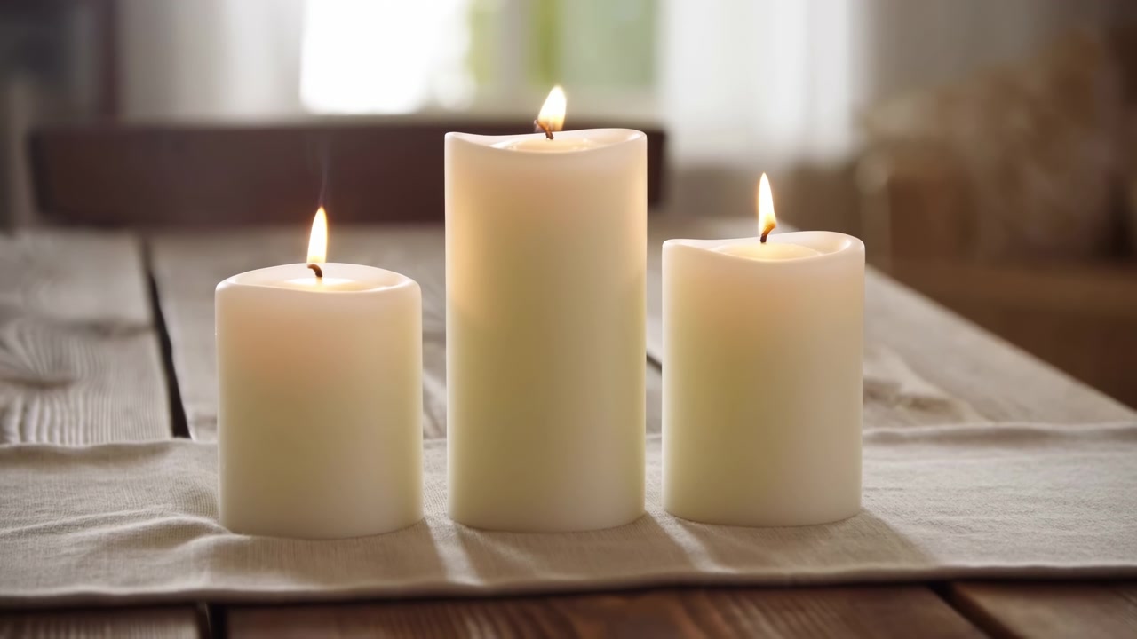 Tre candele a pilastro color avorio di diverse altezze disposte in fila su un runner di tessuto sopra un tavolo di legno, accese con piccole fiamme costanti. Luce naturale soffusa
