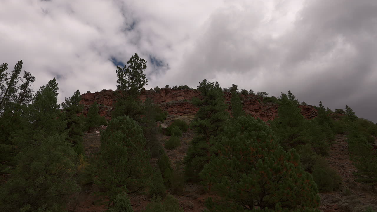 Rocky Mountain Rith Red Cliffs And Trees On A Cloudy Day. - timelapse shot