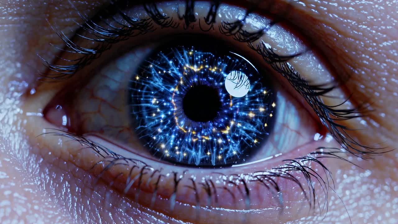 Lähikuva ihmisen silmästä, jonka iiriksessä on kosminen, tähtikuvioinen kuviointi, joka muistuttaa scifi-videota