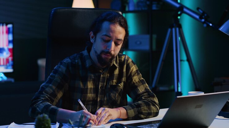 Entrepreneur working at home office desk, writing in notebook
