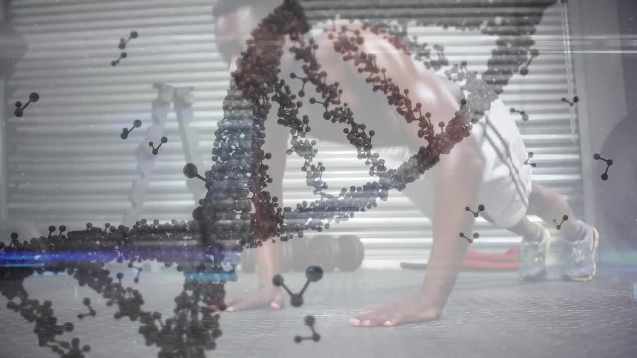 근육을 가진 남자가 운동하는 dna 가닥의 애니메이션