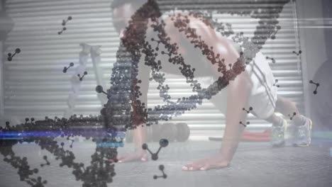 animación de una cadena de adn sobre un hombre musculoso haciendo ejercicio