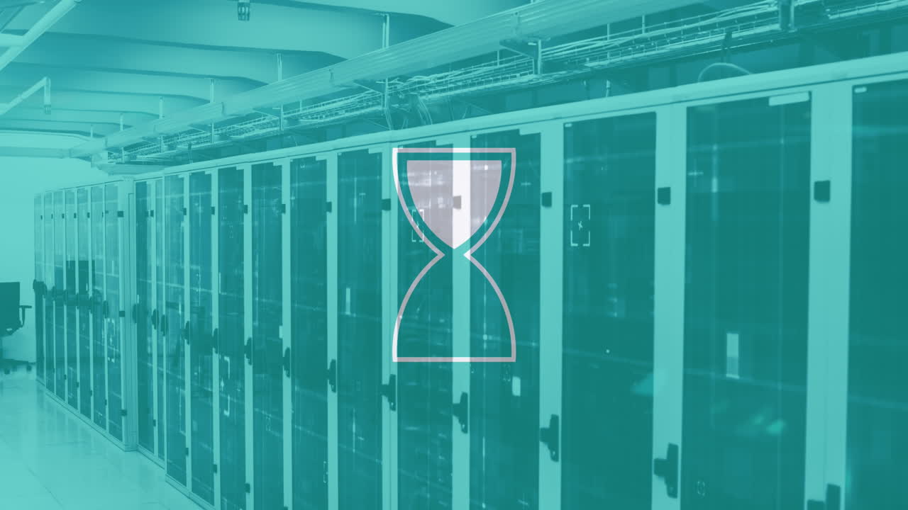 animación de la carga del reloj de arena y el procesamiento de datos a través de servidores informáticos