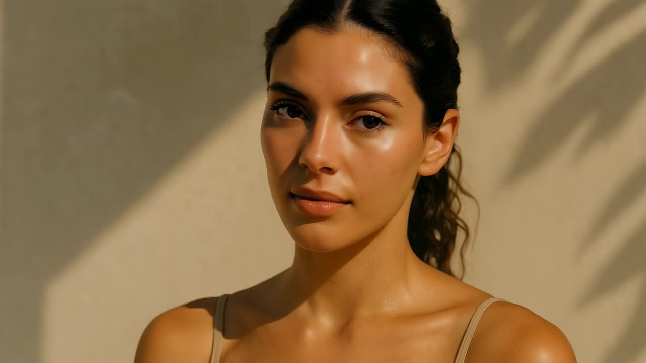 Fermo immagine ravvicinato di un video di una donna che usa uno spray idratante per il viso, ripreso all'altezza degli occhi