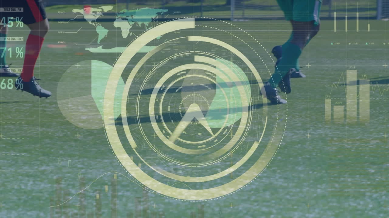 Animation of clock and data processing over diverse football players