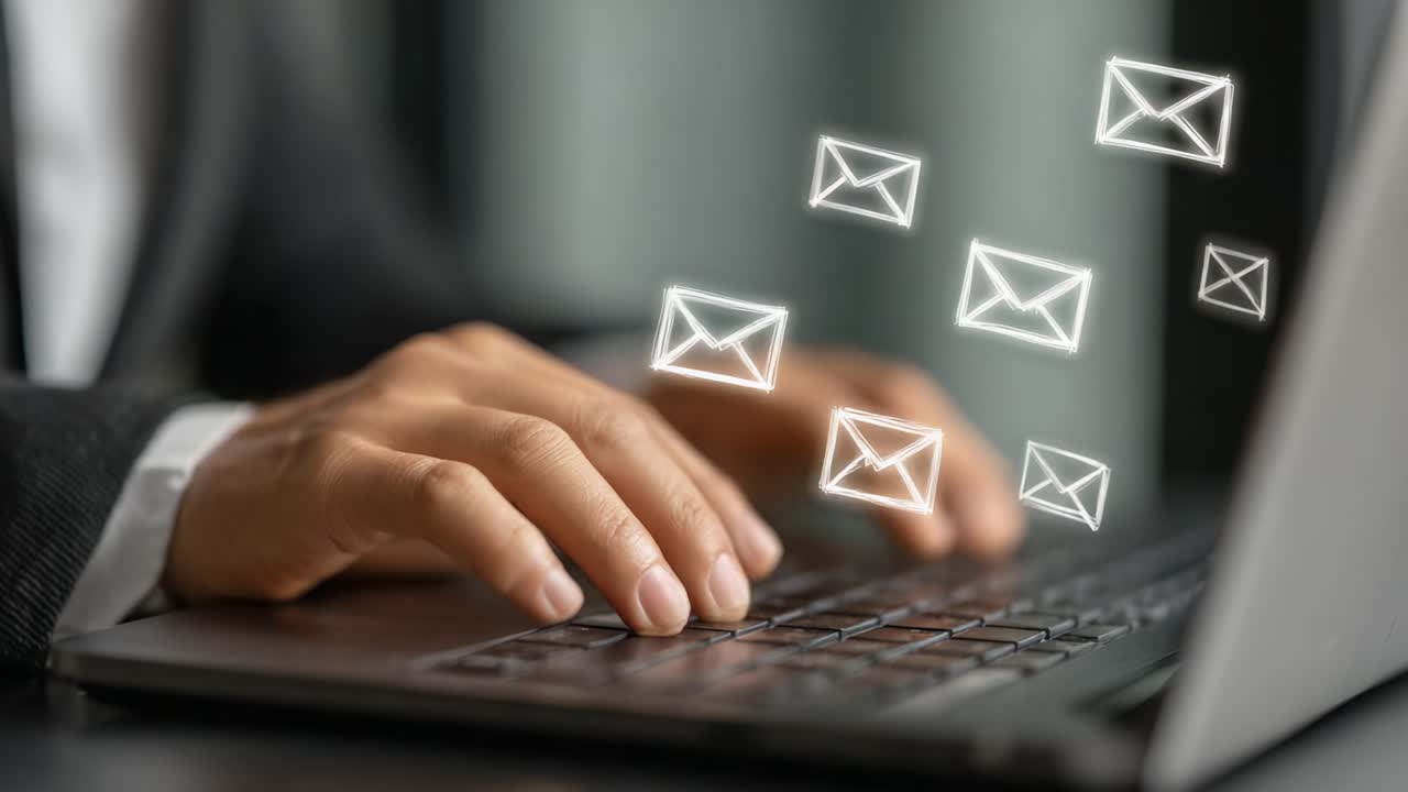 An Engaged User Checking and Sending Emails on a Laptop, with Digital Email Icons Illustrating Communication Activity and Connection in a Modern Workspace
