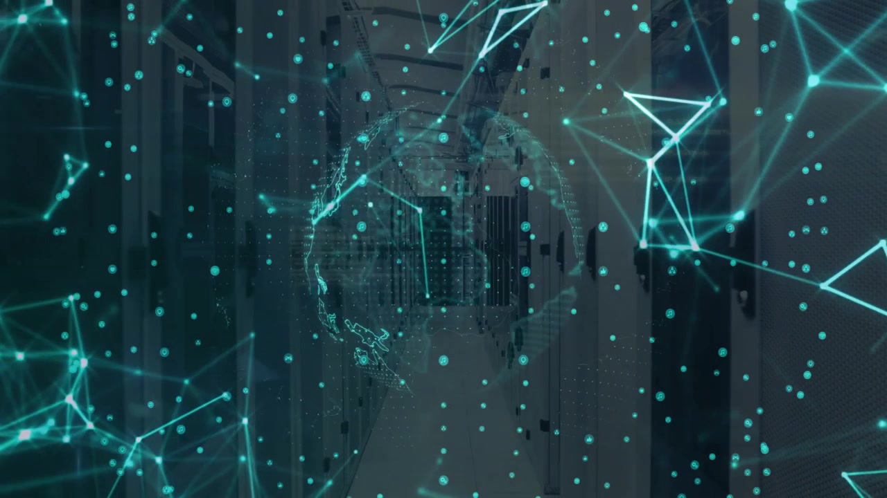 Materializing digital dot-matrix globe spinning over server racks, displaying global data flows