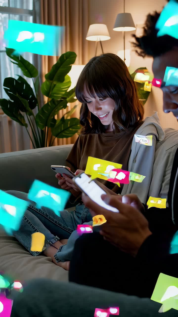 People interacting with smartphones showing social media content and reactions