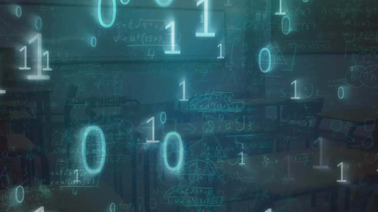 Digital Binary Code Overlaying an Empty Classroom Background