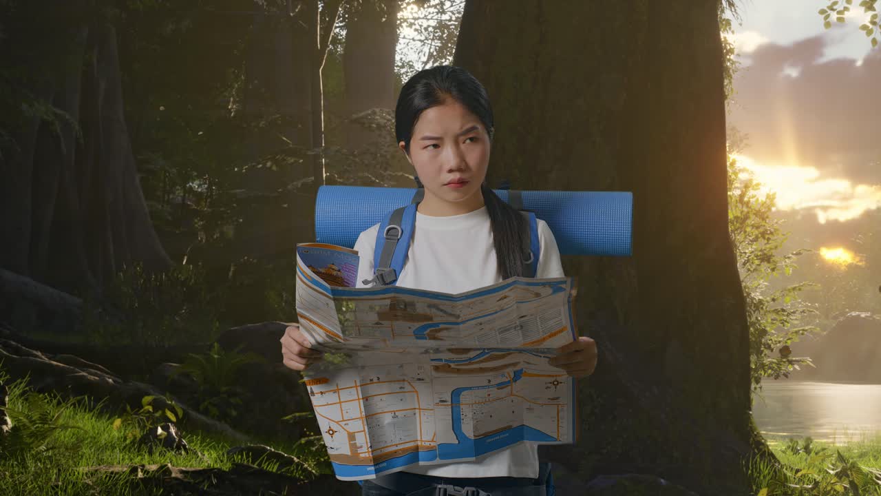 excursionista asiática con mochila de montañismo mirando el mapa y luego mirando a su alrededor mientras explora la naturaleza del bosque