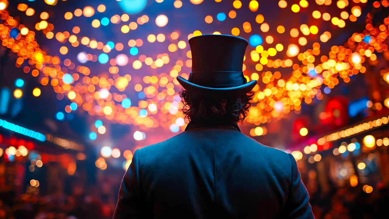 Man in top hat at festive night market. A man in a top hat stands with his back to vibrant lights at a lively night market filled with colors and excitement