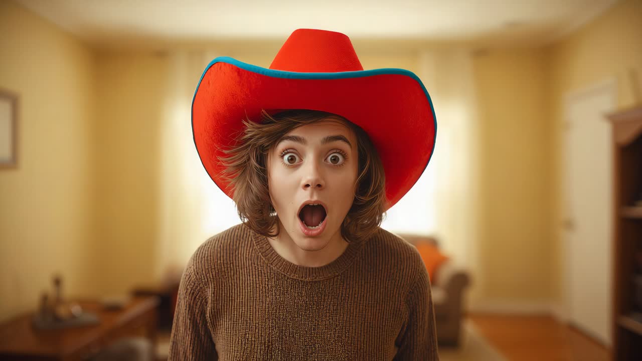 Reacting person wearing red cowboy hat and brown sweater shifting surprise to grin in living room