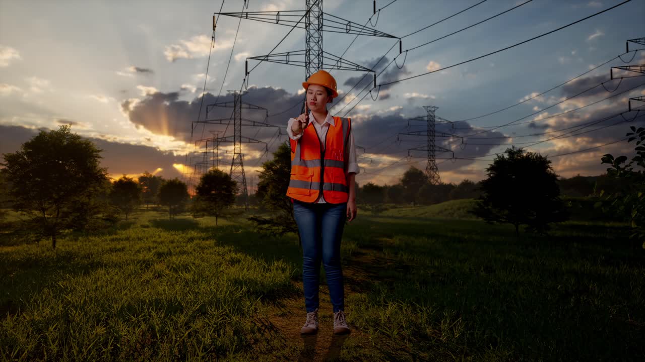 Female Engineer Pointing at Virtual Screen in Front of Power Lines at Sunset