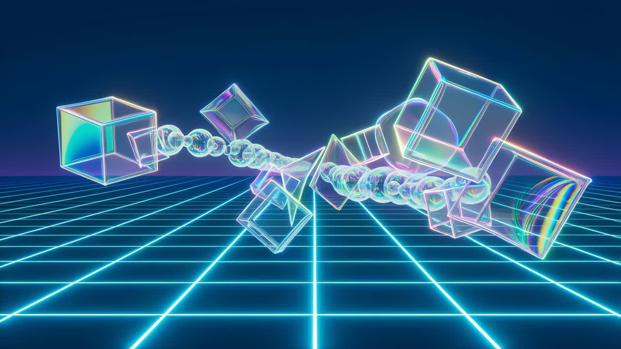 Abstract Geometric 3D Art with Transparent Cubes, Spheres, and Neon Grid
