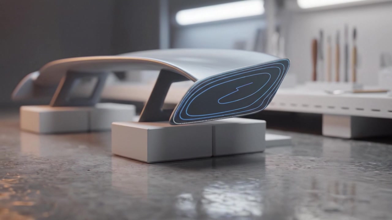 Sleek Modern Design: A Futuristic High-Tech Device Showcased in a Contemporary Workspace Setting with Emphasis on Innovation and Engineering Principles
