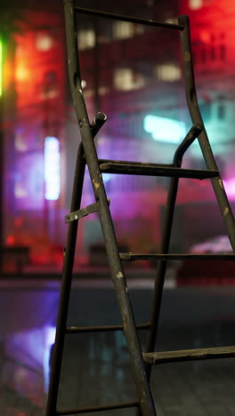 rusty ladder in a neon-lit city at night