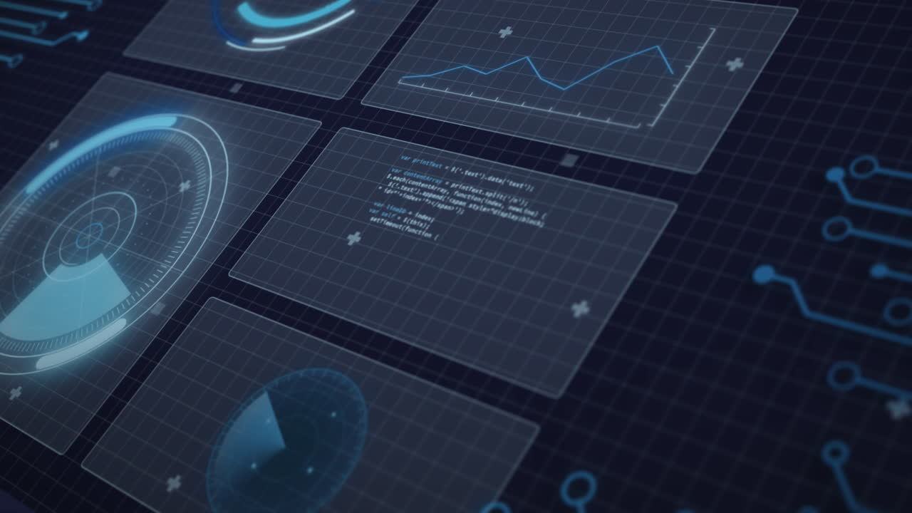 animación de radares, gráficos, círculos de carga, patrón de placa de circuitos y lenguaje informático