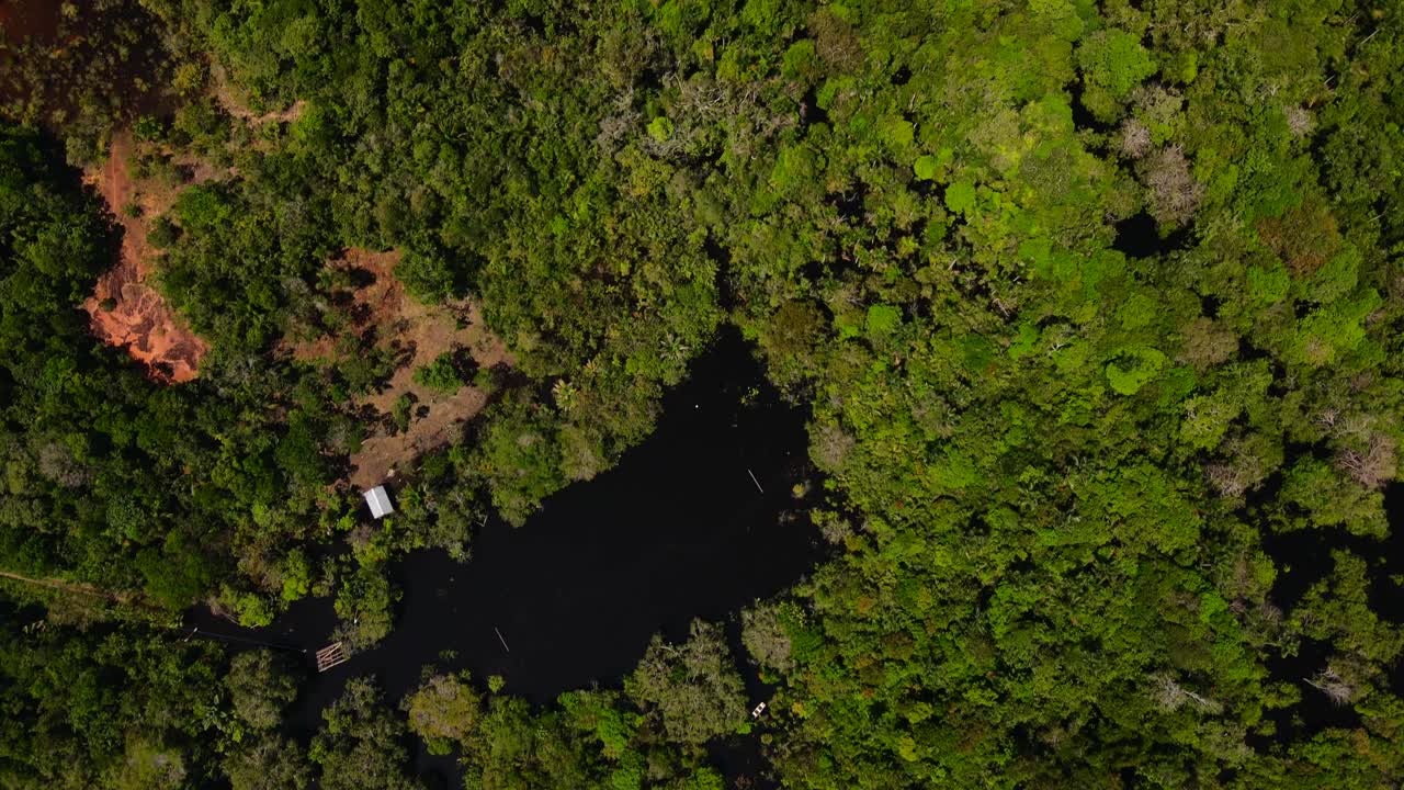 Top-down drone view gliding over a traditional floating house on the Rio Negro. Lush green jungle surrounds the secluded dwelling near Manaus, Brazil, under a bright tropical sun