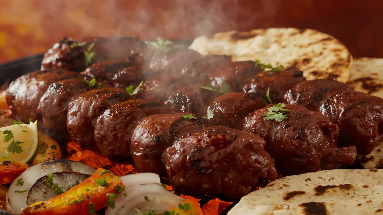 Charcoal searing meat kebabs on grill, steam curling with flatbreads, cilantro and vegetable slices