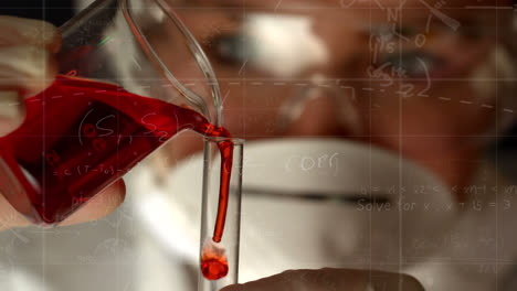 animation of scientific data over female lab worker pouring reagent into glass