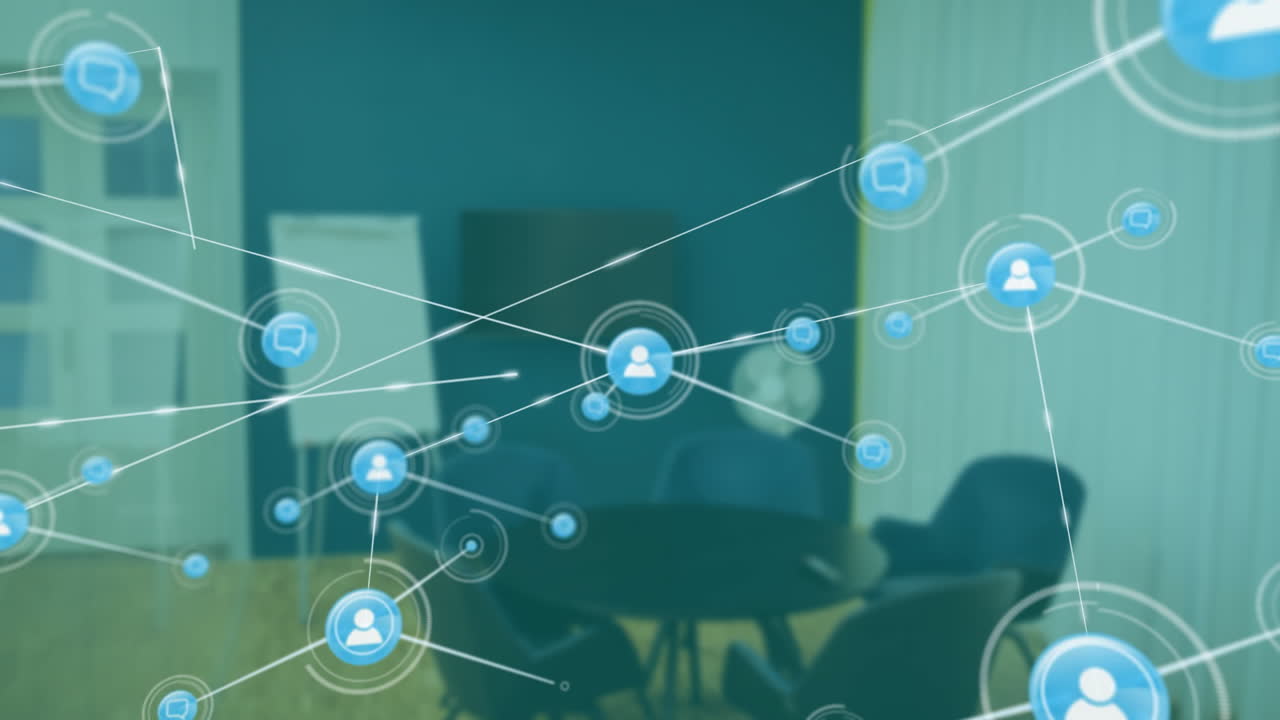 Network of connections and data processing animation over office meeting room