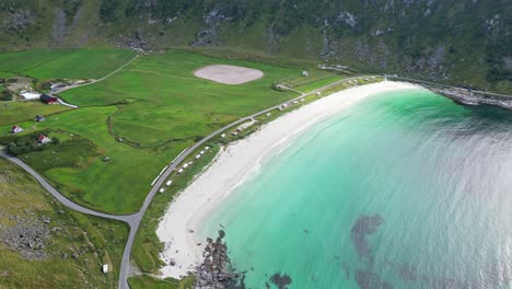 Camping-at-Vik-Beach,-Lofoten-Islands,-Norway---Aerial-4k-Tilting-Down