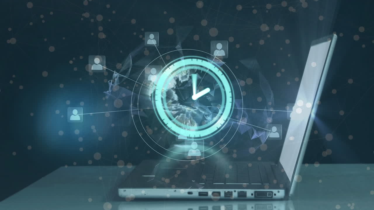 노트북을 사용하여 사람 위의 아이콘과 연결 네트워크의 애니메이션