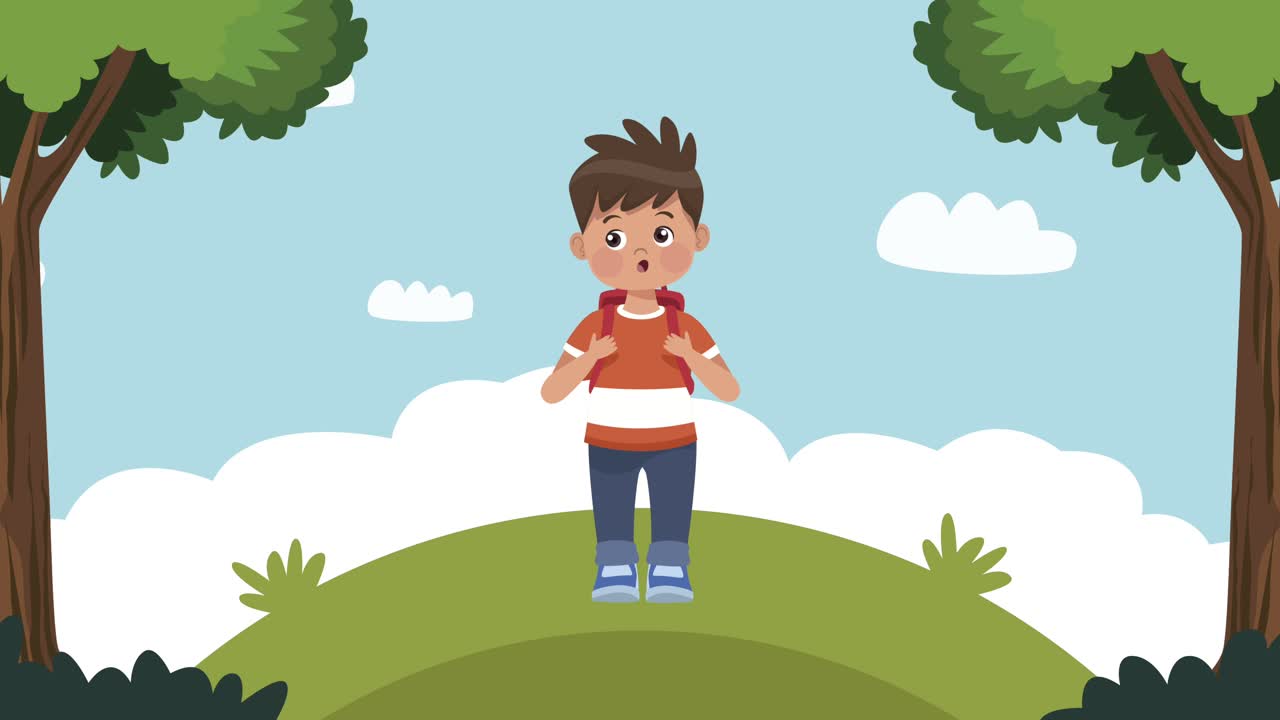 estudante de escola em animação de personagens de montanha