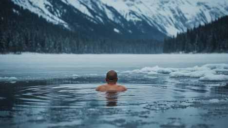 a solitary swimmer immersed in a frigid mountain lake, surrounded by snow-capped peaks and tranquil waters reflecting nature's majestic beauty
